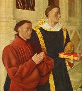 left wing of Melun diptych depicts Etienne Chevalier with his patron saint St. Stephen